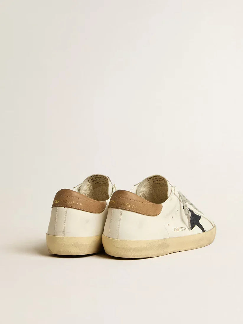 Super-Star con stella in canvas blu e talloncino in pelle tabacco