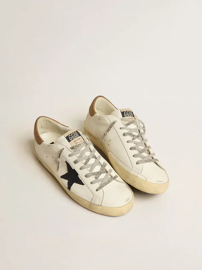 Super-Star con stella in canvas blu e talloncino in pelle tabacco