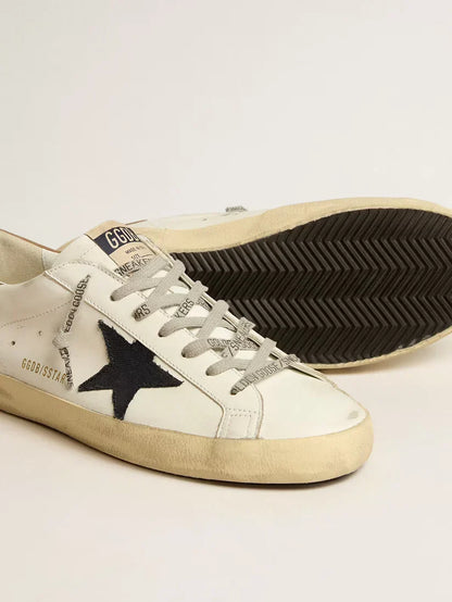 Super-Star con stella in canvas blu e talloncino in pelle tabacco